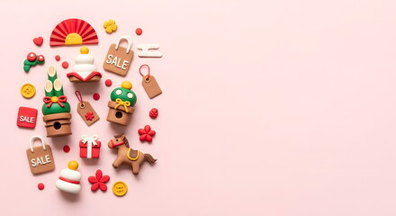 午年の初売りセールと縁起物のクレイアート背景