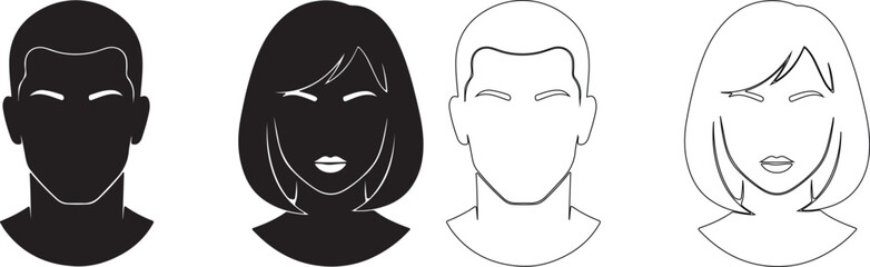 Vector set of male and female user avatar profile icons, black solid and outline style isolated PNG with Transparent Background