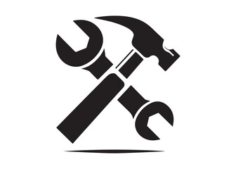 hammer and wrench logo silhouette vector, hand tool logo silhouette illustration, construction equipment logo, repair service wrench crossed over a hammer logo silhouettes vector on white background 
