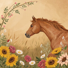 Spring Meadow Backdrop with Horse Skin Tone Texture, Sunflowers & Wild Roses
