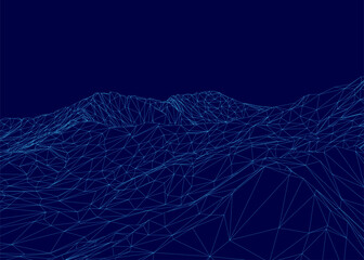 A low poly wireframe mountain range creates intricate terrain on a blue background. The geometric design features various shapes and connecting lines.