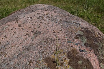 Close-up of Aljava Ukukivi (Offering stone of Uku) boulder with offering coins left on rock in sunny summer weather, Muhu, Estonia.