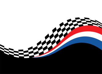 Sport racing pattern. Wave from the finish flag. Vector background divided into black and white. Red, white and blue ribbons. Auto racing style. Speed. Competition. Design element for covers
