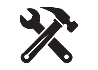 hammer and wrench logo silhouette vector, hand tool logo silhouette illustration, construction equipment logo, repair service wrench crossed over a hammer logo silhouettes vector on white background 