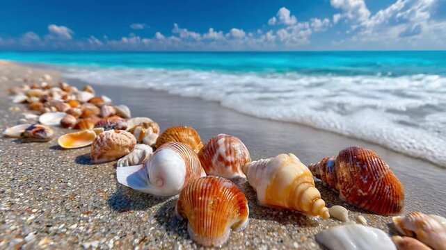Coastal Treasures: A collection of exquisite seashells rests upon a sandy shore, the turquoise ocean waters gently caressing the beach. 