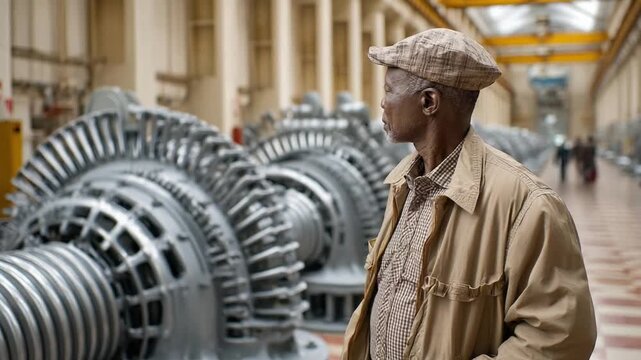 Industrial Insight: An engineer in the factory, meticulously examines the industrial machinery, offering a glimpse into the mechanics and intricate details of manufacturing.