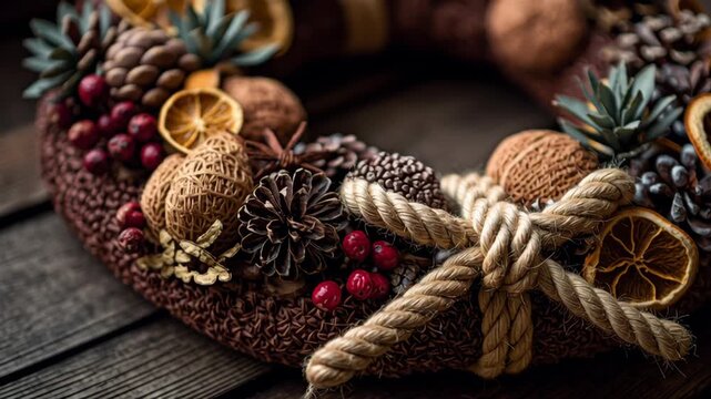 A wreath made of pine cones, nuts, and dried fruit. Macro composition of handmade wreath with dried fruit, pinecones, and rope bow, sustainable holiday design, eco rustic christmas home