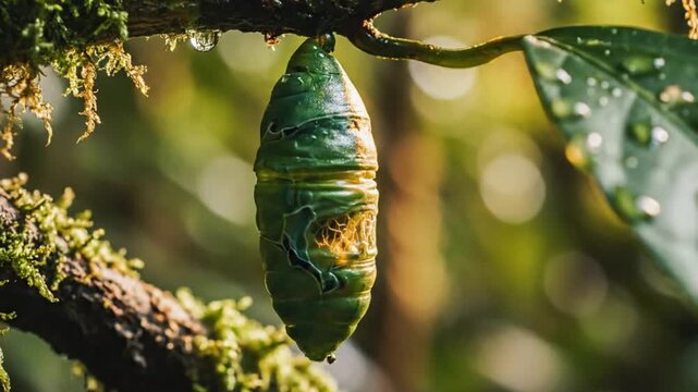 Close-up of a vibrant green butterfly pupa attached to a mossy branch in a sunlit forest environment