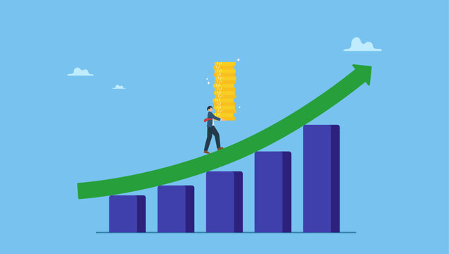 Businessman carry money coin stack walk up growth graph diagram. Increase revenue, income or investment profit, growing income or wealth, growth chart diagram or savings and investment return.