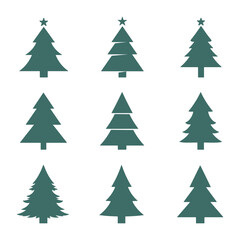 Set of nine green christmas tree icons or silhouettes for holiday design