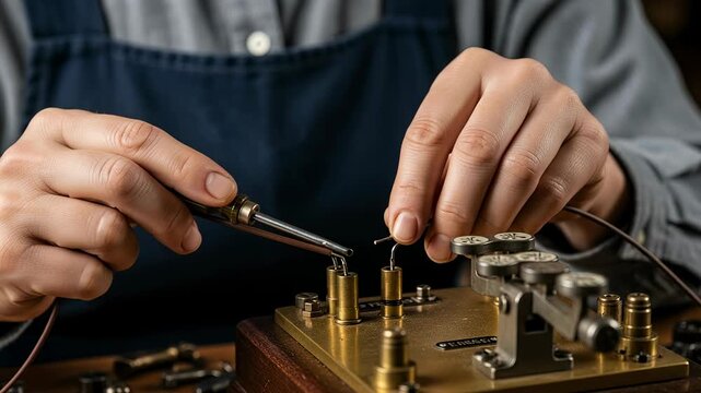 Wiring an early telegraph machine with sparks and precise tapping in workshop setting
