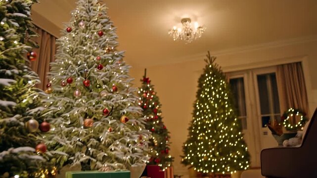 Warm holiday ambiance featuring a crackling fireplace beside a beautifully decorated christmas tree. vibrant wrapped gifts with colorful bows line the wooden floor, evoking a festive and cozy atmosphe