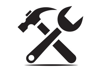 hammer and wrench logo silhouette vector, hand tool logo silhouette illustration, construction equipment logo, repair service wrench crossed over a hammer logo silhouettes vector on white background 