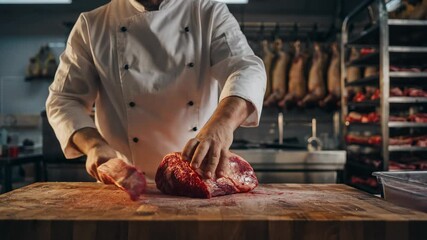 Professional chef slicing fresh meat in a well-equipped kitchen for culinary preparation - Powered by Adobe