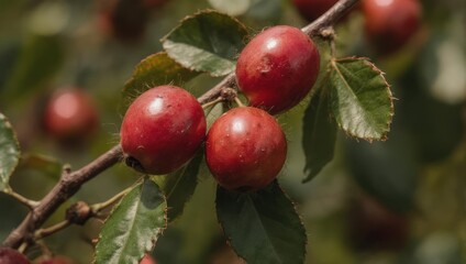 Close-up of Ripe Red Crabapples Growing on a Tree Branch.