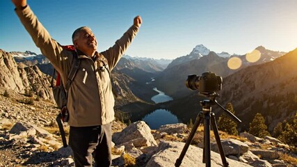 Happy man hiker with arms raised celebrating success at a mountain summit while landscape photography equipment is ready