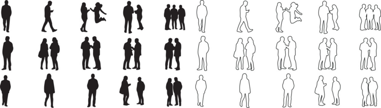 Set of Vector Human Figures. Black Silhouettes and Outline People in Various Poses. isolated PNG with Transparent Background
