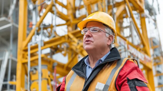 Building Blueprint: A seasoned engineer, with glasses and a hard hat, gazes confidently at the towering construction site, envisioning the realization of complex blueprints. 