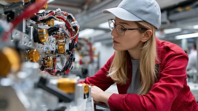 Engineering Precision: A focused engineer, donned in professional attire, meticulously inspects intricate machinery within a modern industrial setting.