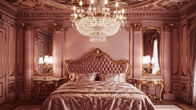 Opulent pink bedroom with tufted headboard, gilded furniture, crystal chandelier, satin drapes. Luxe