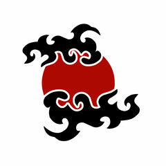 Abstract Red Sun with Black Cloud Waves Japanese Style Vector Symbol