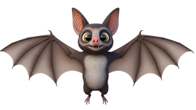 Adorable cartoon bat with large expressive eyes, spread wings, detailed fur and wing textures, full-body, centered on plain white background, soft studio lighting, isolated