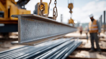 A man in a yellow vest is standing next to a crane that is lifting a steel beam