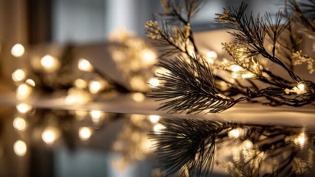 A beautiful Christmas tree with twinkling lights. Macro composition of string lights and pine branches draped along a mirror edge, small space holiday charm, small space christmas decor