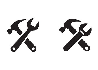 hammer and wrench logo silhouette vector, hand tool logo silhouette illustration, construction equipment logo, repair service wrench crossed over a hammer logo silhouettes vector on white background 