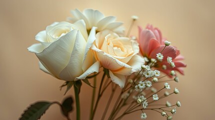 Delicate White and Peach Roses with Baby's Breath Bouquet