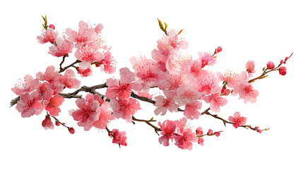 Cherry blossom branch with delicate pink flowers transparent png background. Ai generated