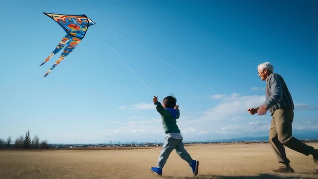 凧揚げをしながら笑顔を交わす祖父と孫