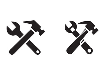 hammer and wrench logo silhouette vector, hand tool logo silhouette illustration, construction equipment logo, repair service wrench crossed over a hammer logo silhouettes vector on white background 