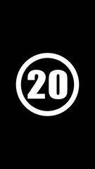 White number twenty in a white oval on black background number 20 oval shape