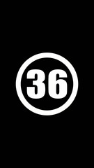 White oval with number thirty six on black background number 36 white text