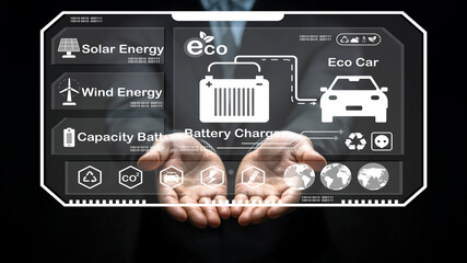 Futuristic Interface Displaying Renewable Energy Sources and Electric Vehicle Battery Charging...