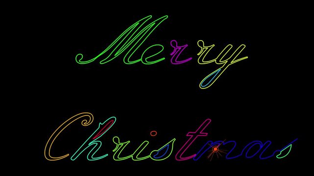 Large Colorful Phrase MERRY CHRISTMAS appearing one letter at a time drawn by a spark on a black background horizontal layout