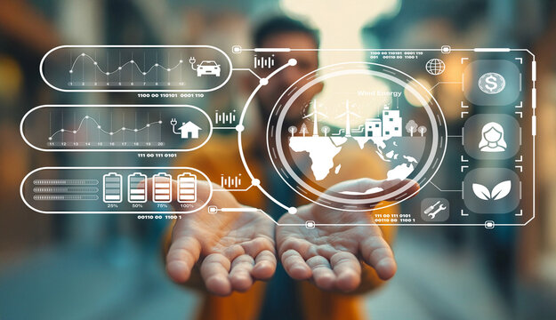 Futuristic Data Visualization Concept with Hands Holding Global Energy and Financial Analytics in Urban Environment - Powered by Adobe