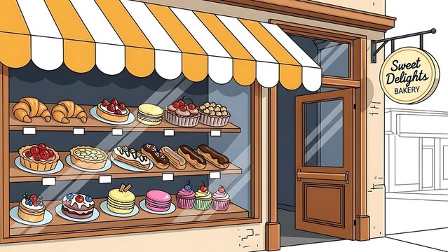 Bakery Storefront Displaying Assorted Pastries and Cakes with Striped Awning Illustration - Powered by Adobe