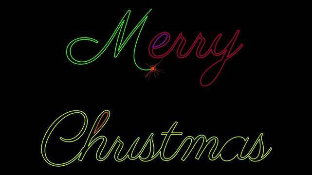 Large Colorful Phrase MERRY CHRISTMAS appearing one letter at a time drawn by a spark on a black background horizontal layout