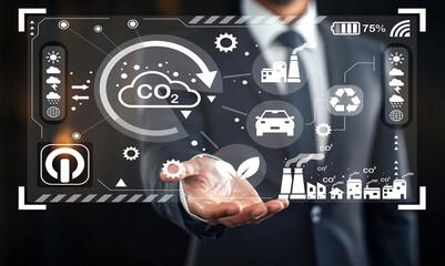 Futuristic Digital Interface Displaying Environmental Data and Carbon Emissions with Icons Representing Nature, Industry, and Clean Energy Solutions
