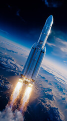 Obraz premium A rocket launching into space with a blue sky and clouds in the background
