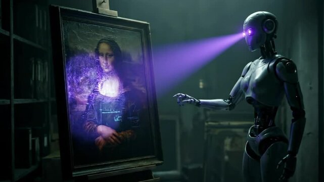 Cinematic 4K 3D Render of an Android Robot Analyzing the Mona Lisa Painting with a Futuristic Laser Scan