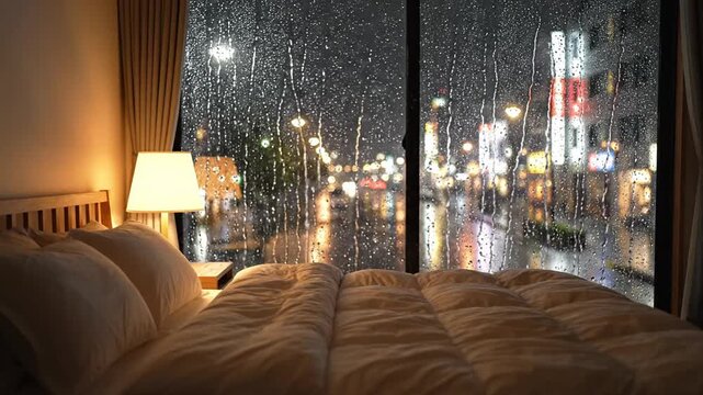 Cozy bedroom with a warm lamp glow, rain-streaked city lights beyond a foggy window. through rain?!