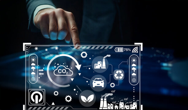 Futuristic Concept of Environmental Sustainability and Emission Tracking Using Advanced Technology in a Digital Interface - Powered by Adobe