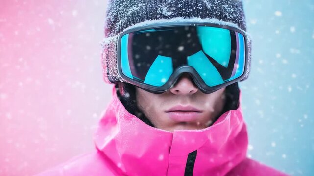 Winter adventure: person in pink gear faces snowfall confidently