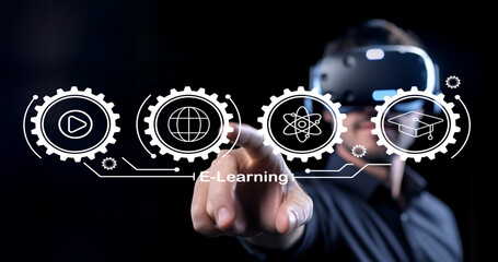 Young Man Using Virtual Reality Headset for E-Learning and Online Education in a Modern Technology Environment with Interactive Digital Elements