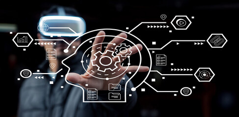 Futuristic technology concept with virtual reality headsets and holographic interface featuring digital data and interactive elements in a modern setting