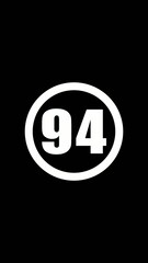 White oval with number 94 on black background white text large number