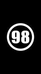 White oval with number 98 on black background white text large number